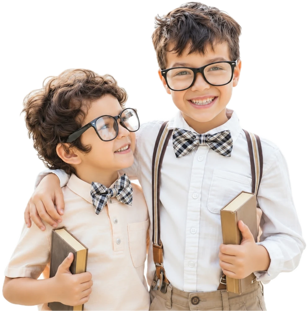 Two smiling young boys wearing eyeglasses and bow ties, holding books